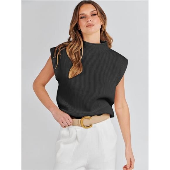 Women's Mock Neck Sleeveless Vest Casual Cap Sleeve Knit Pullover Tank Tops - Picture 2 of 6